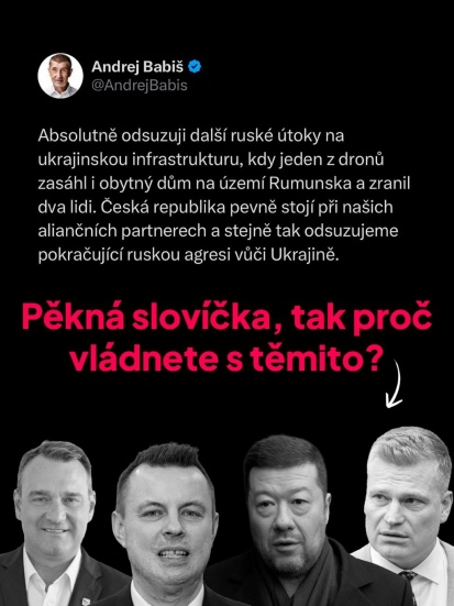 Andrej Babiš má teď prostřednictvím svých „prchalů” plnou pusu řečí o aliančních partnerstvích a odsouzení ruského útoku vůči Ukrajině…

Realita je ale tato: 
✔️ pod taktovkou SPD likviduje jeho vláda českou muniční iniciativu, do které už přispívá jen 9 z původních 18 zemí
✔️ na obranu dává 1,77 % HDP
✔️ roky tu on a jeho poslanci zpochybňovali nákup elitních letounů F-35
✔️ je v koalici s Tomiem Okamurou, který označuje vládu Zelenského za „zlodějskou juntu”
✔️ jeho vládní zmocněnec hází vinu za válku proti Ukrajině na NATO 
✔️ náměstek ministra Zůny Radovan Vích vnitřním připomínkovým procesem zastavil dokument, který měl umožnit další tok unijních peněz do muniční iniciativy

To je jen „ochutnávka” toho, jaký je skutečný postoj Andreje Babiše a jeho vlády k Ukrajině, české i evropské bezpečnosti. 

Řeknu to úplně na rovinu, tak jako vždy: mým osobním cílem není nic menšího než vrátit TOPku do vlády. Jakmile se do Strakovky vrátíme, budeme tlačit 5 % HDP na obranu ČR jako klíčovou prioritu. Je to možná ta největší priorita, kterou máme. Protože není možné takto hazardovat s bezpečností občanů.